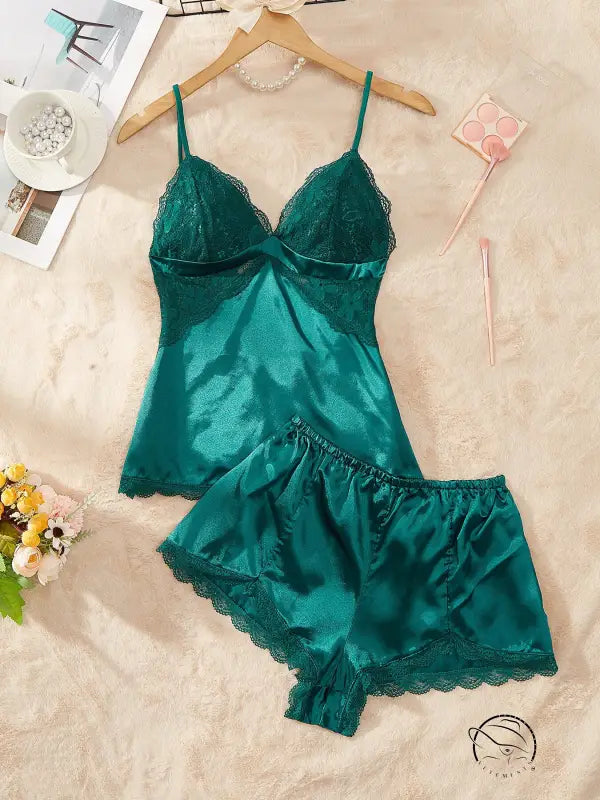 Emerald green artificial silk camisole lingerie set with lace trim