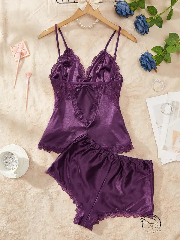 Purple artificial silk camisole lingerie set with lace trim