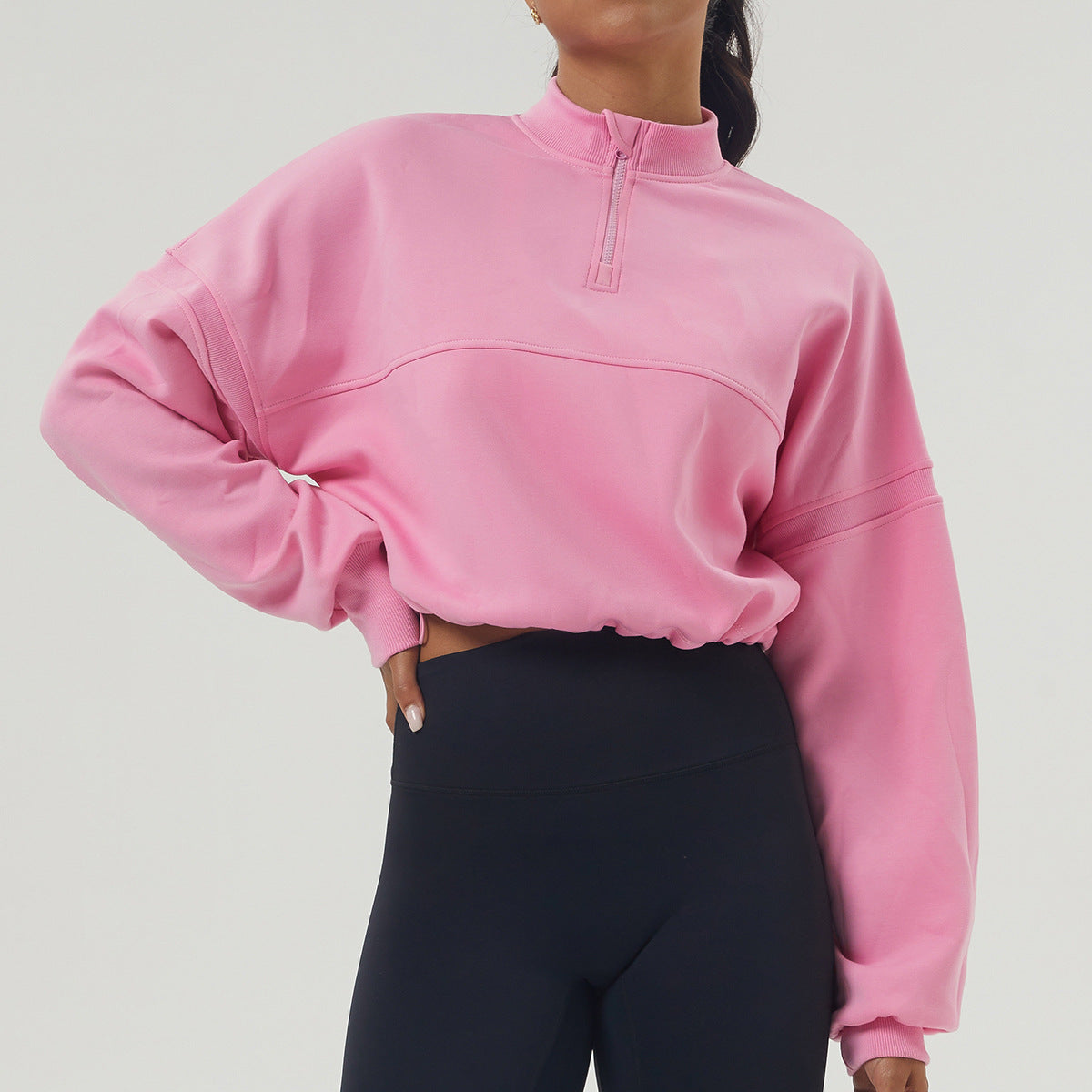 Pink cropped pullover sweatshirt, perfect for autumn winter long sleeve fashion wear