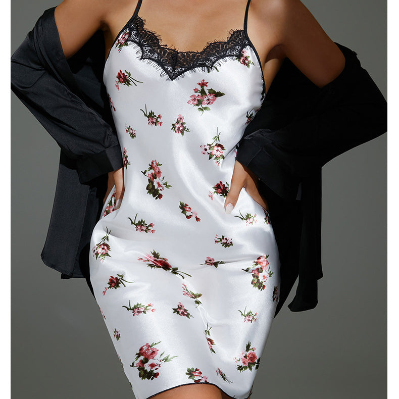Elegant floral satin slip dress with lace trim from Pajamas Women Ice Silk Collection, adding stylish ملابس to your wardrobe