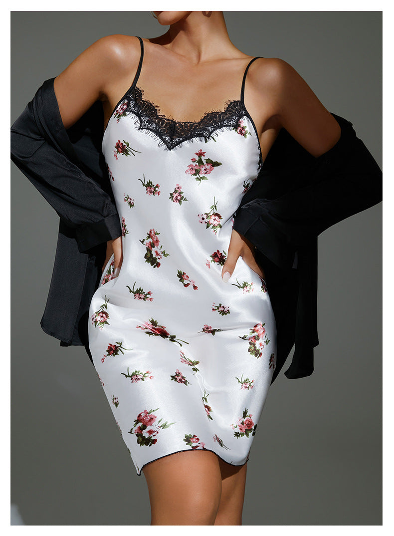 Elegant floral satin slip dress with lace trim from Pajamas Women Ice Silk Collection, adding stylish ملابس to your wardrobe