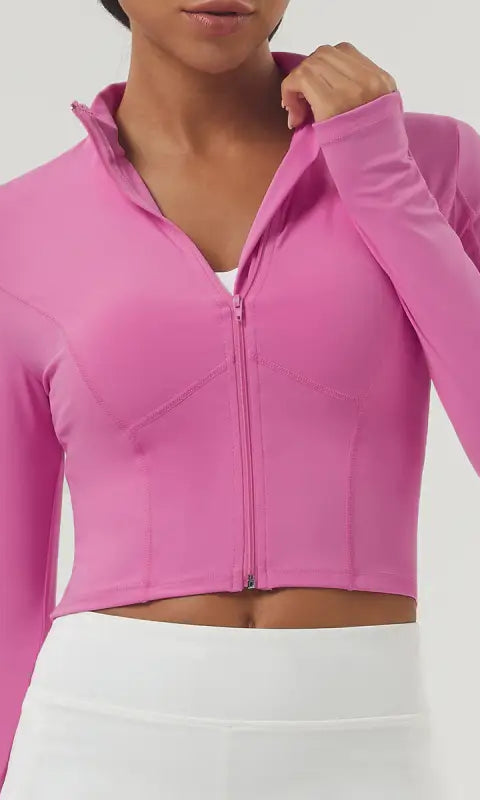 Fuchsia long sleeve sports jacket with mock neck for women