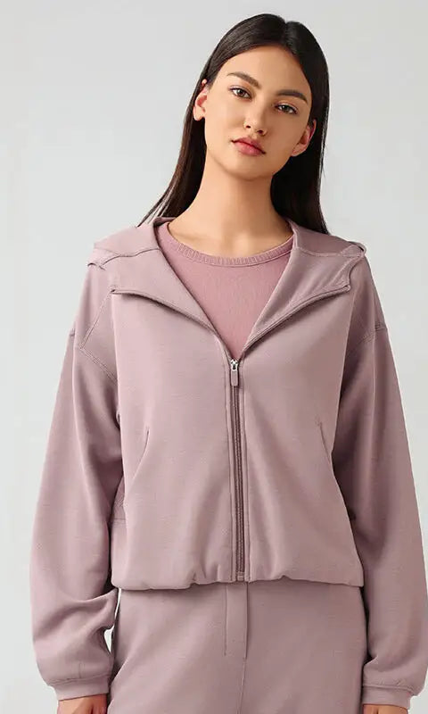 Mauve hooded zip cardigan coat for women, loose fit autumn style