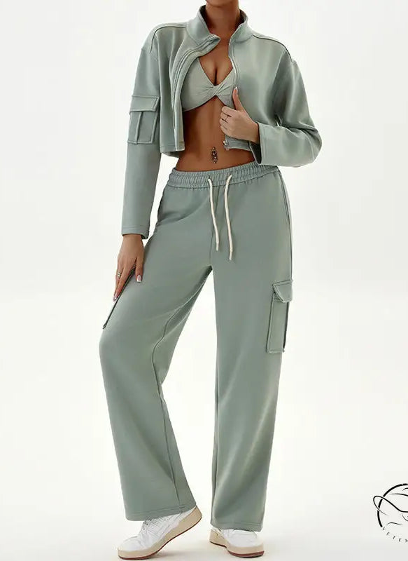 Sage green winter workwear casual sports sets with zipper