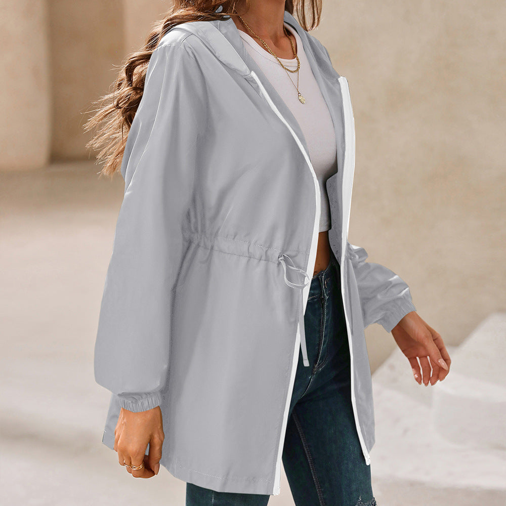 Gray hooded outdoor raincoat with drawstring for mountaineering and sports activities