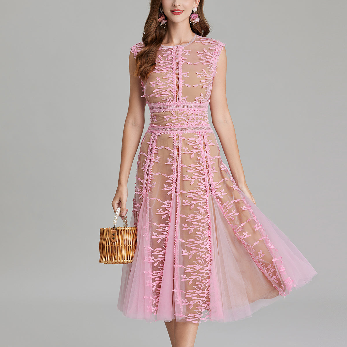 Pink floral embroidered three dimensional mesh lace dress with mesh waist hollow design