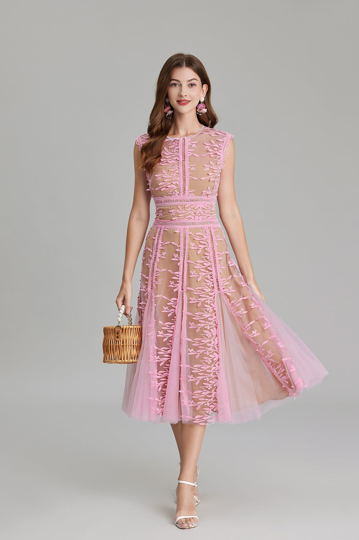 Pink floral embroidered three dimensional mesh lace dress with mesh waist hollow design