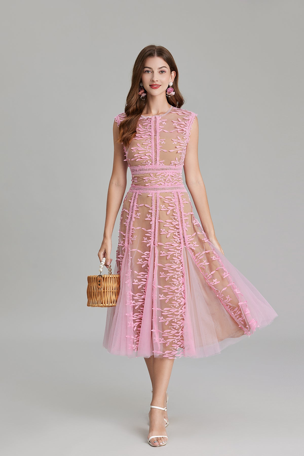 Pink floral embroidered three dimensional mesh lace dress with mesh waist hollow design