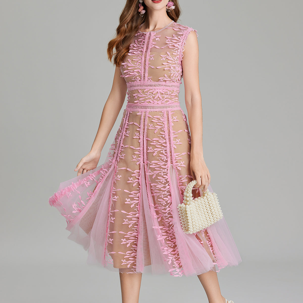 Pink embroidered three dimensional midi dress with mesh lace and mesh waist detailing