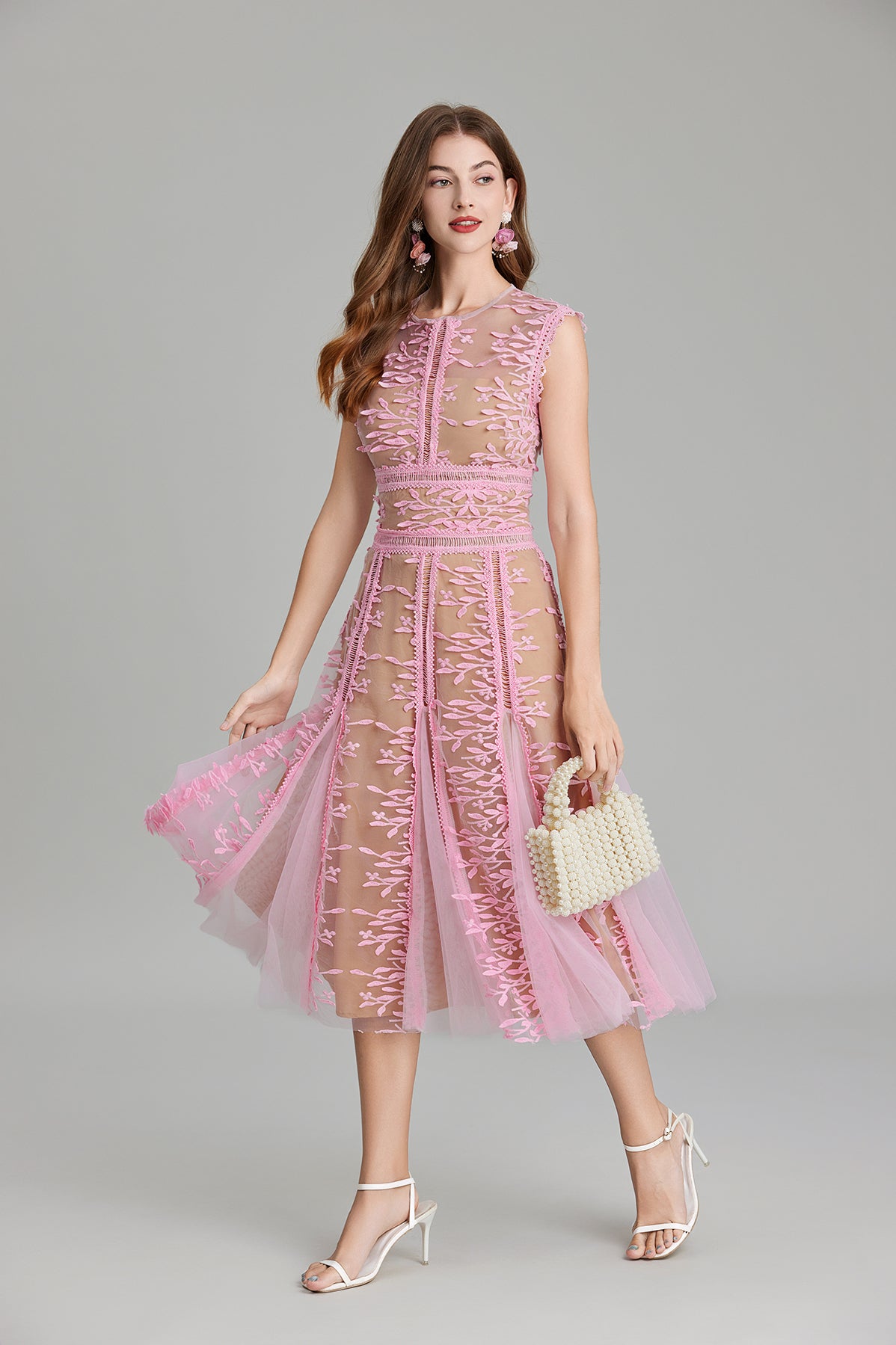Pink embroidered three dimensional midi dress with mesh lace and mesh waist detailing
