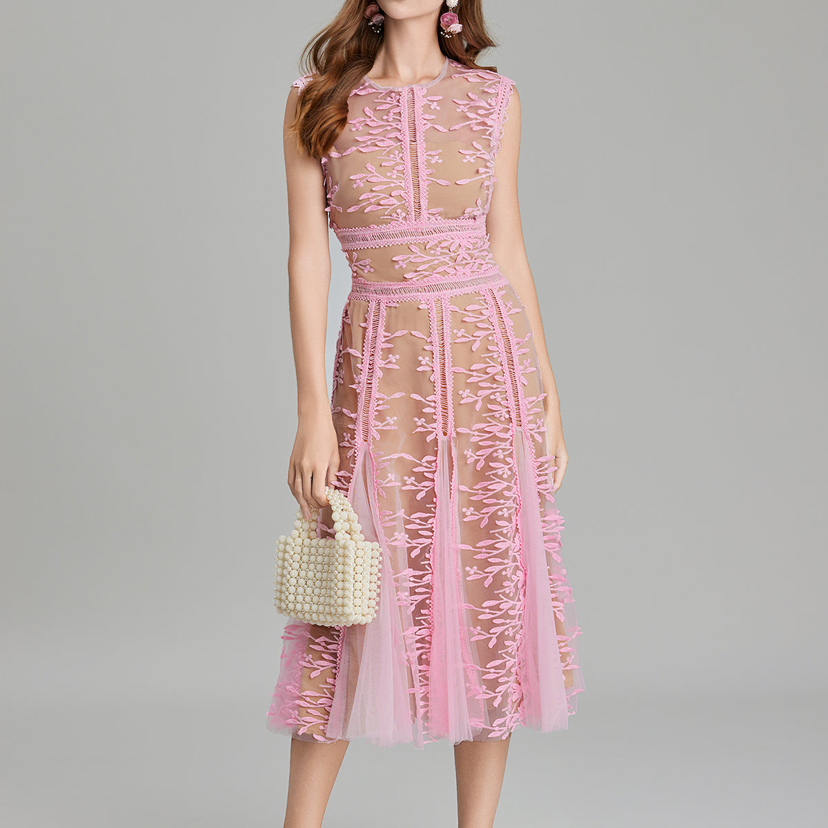 Pink floral embroidered three dimensional mesh lace midi dress for elegant occasions