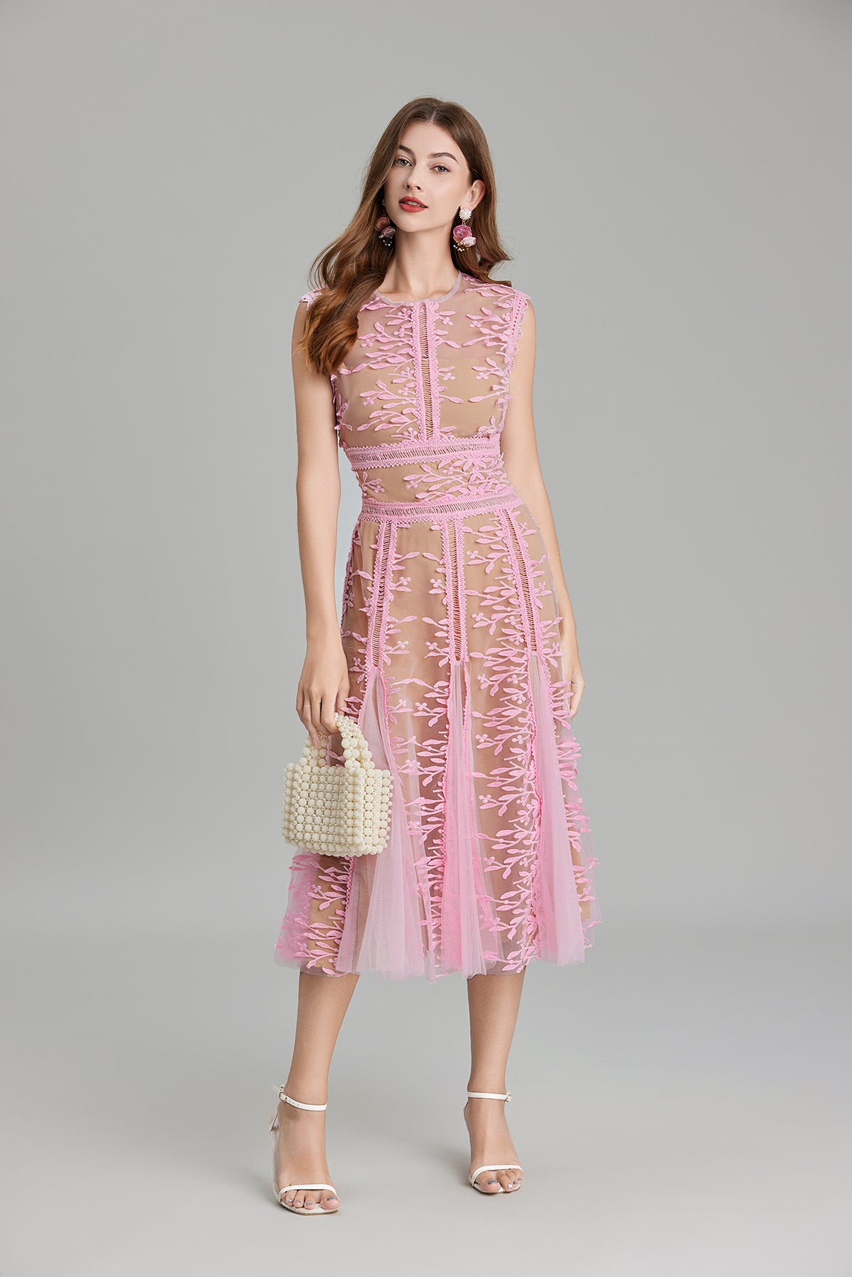 Pink floral embroidered three dimensional mesh lace midi dress for elegant occasions