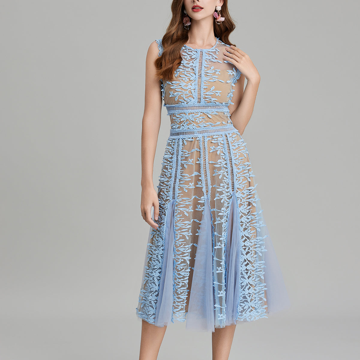 Blue lace midi dress featuring embroidered three dimensional mesh lace stitching