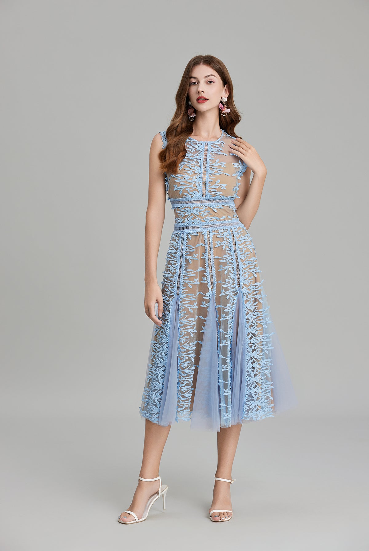 Blue lace midi dress featuring embroidered three dimensional mesh lace stitching