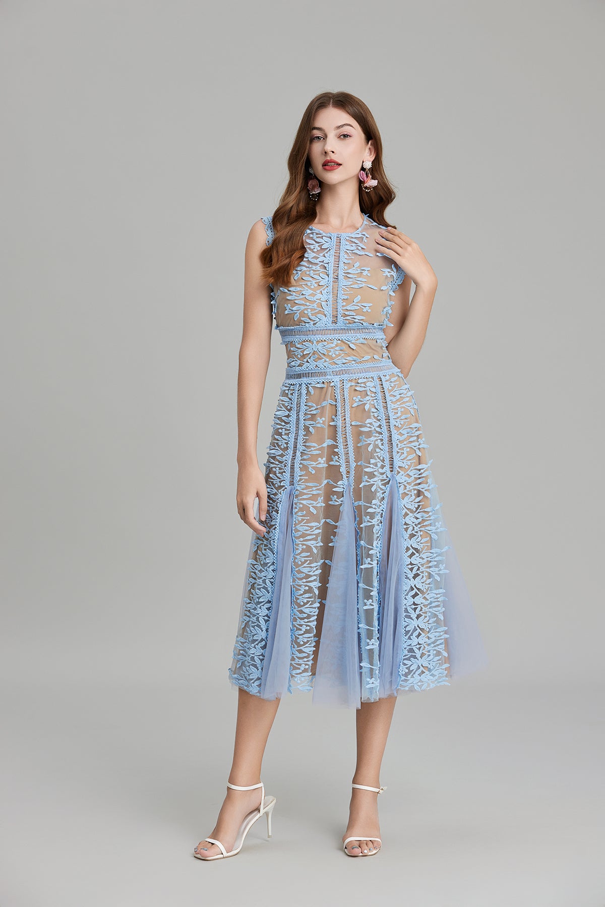 Blue lace midi dress featuring embroidered three dimensional mesh lace stitching