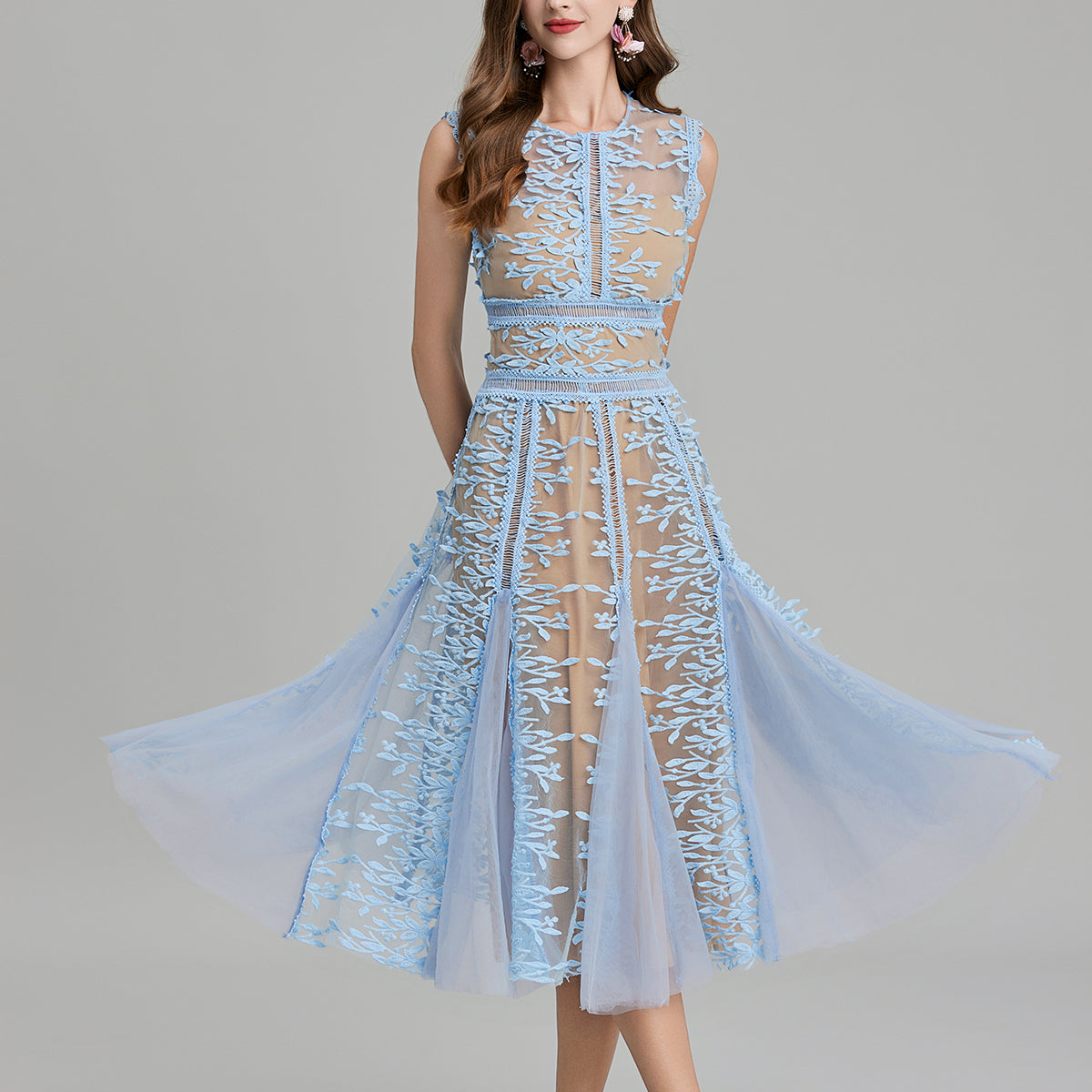 Light blue embroidered three dimensional mesh lace midi dress with mesh waist hollow design
