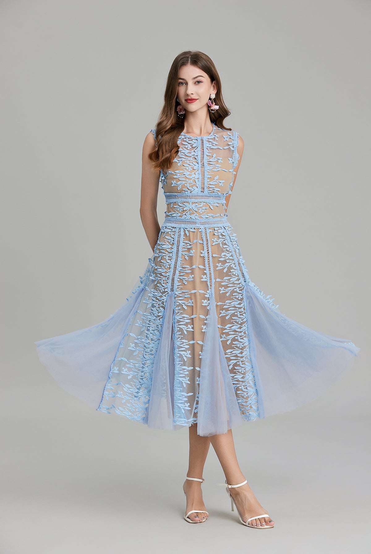 Light blue embroidered three dimensional mesh lace midi dress with mesh waist hollow design