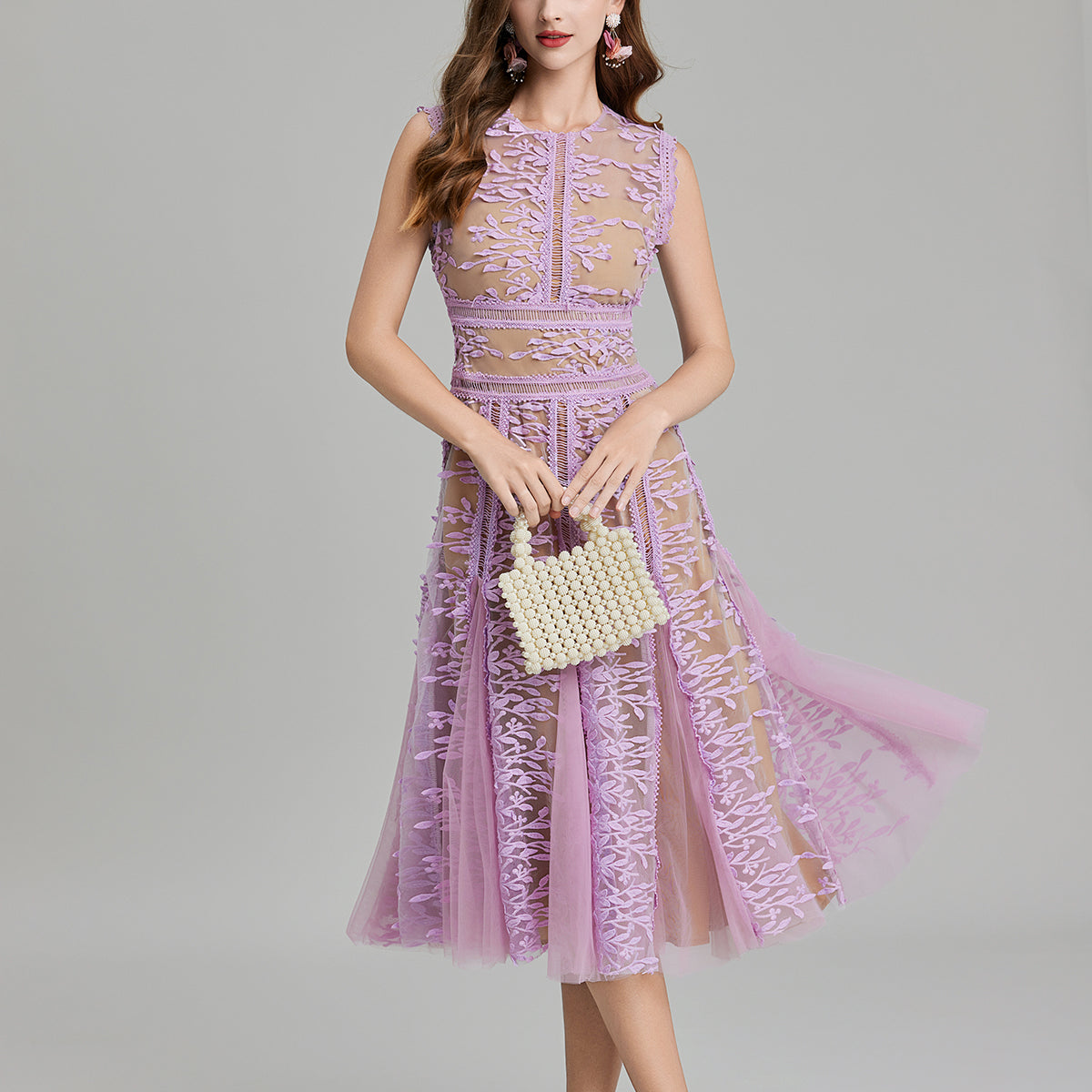 Elegant lavender lace midi dress with embroidered three dimensional and mesh lace details