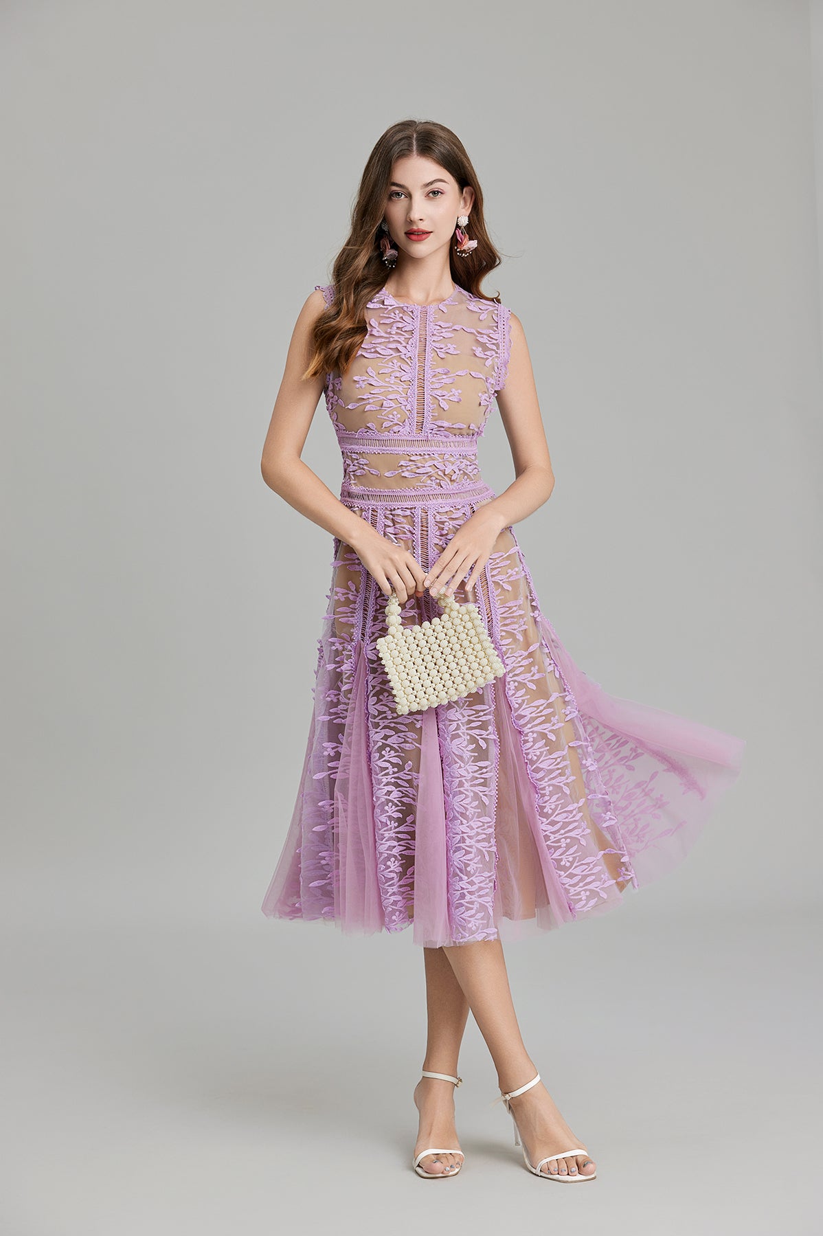 Elegant lavender lace midi dress with embroidered three dimensional and mesh lace details