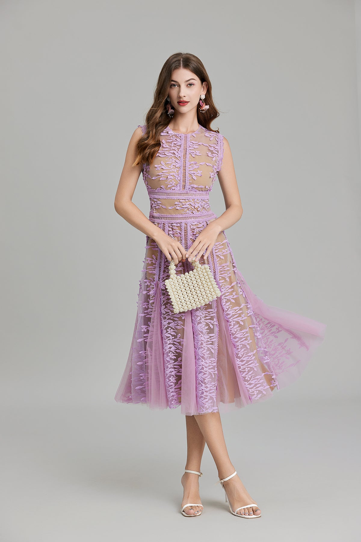 Elegant lavender lace midi dress with embroidered three dimensional and mesh lace details