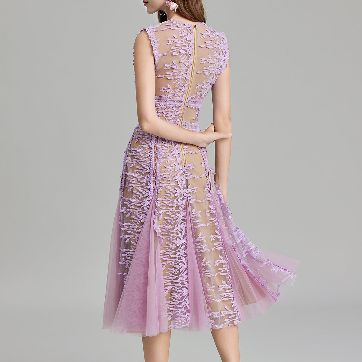 Embroidered three dimensional mesh lace midi dress with lavender lace detailing