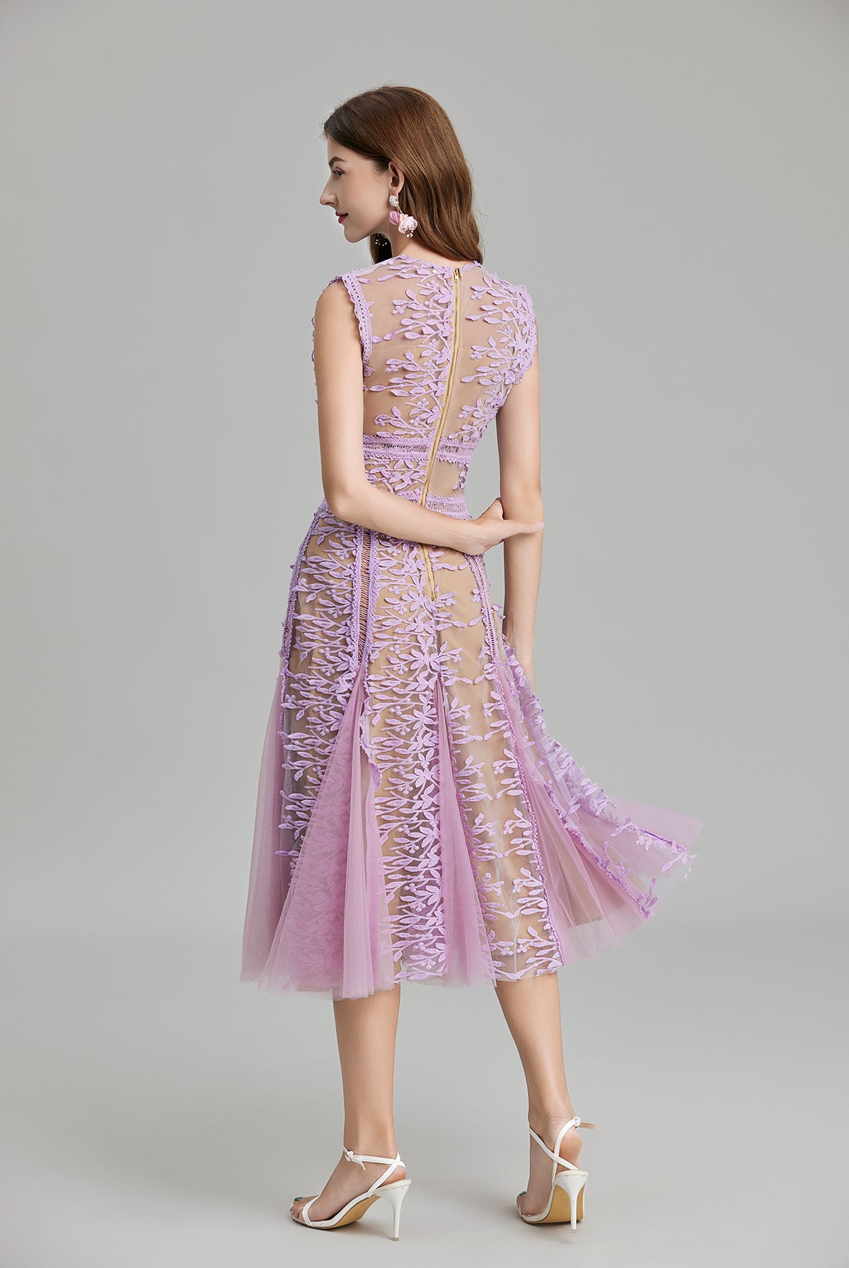 Embroidered three dimensional mesh lace midi dress with lavender lace detailing