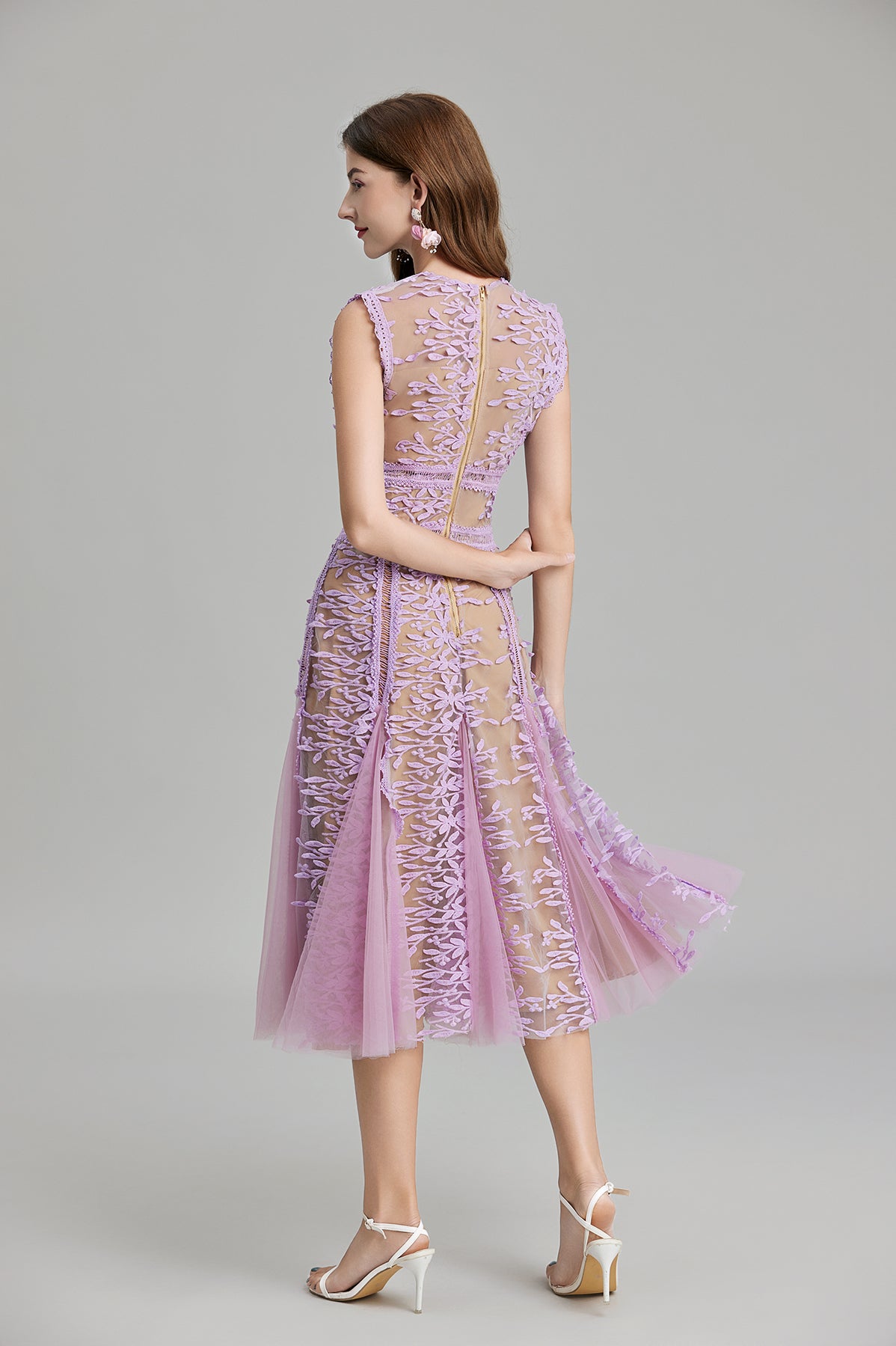 Embroidered three dimensional mesh lace midi dress with lavender lace detailing