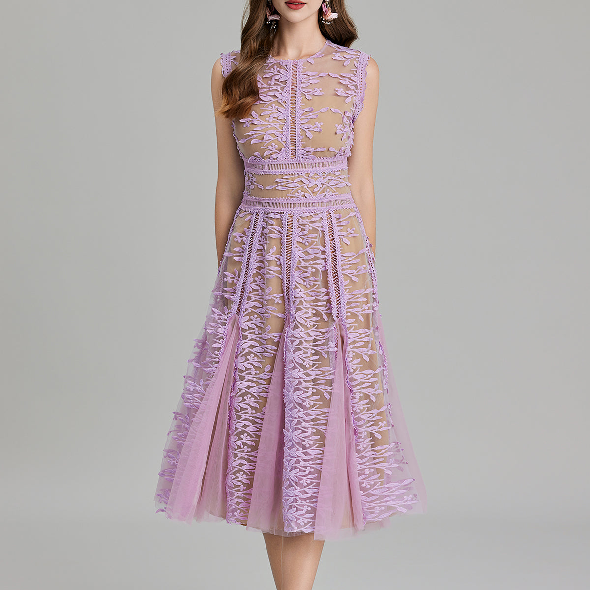 Lavender lace midi dress with embroidered three dimensional mesh and mesh waist detail