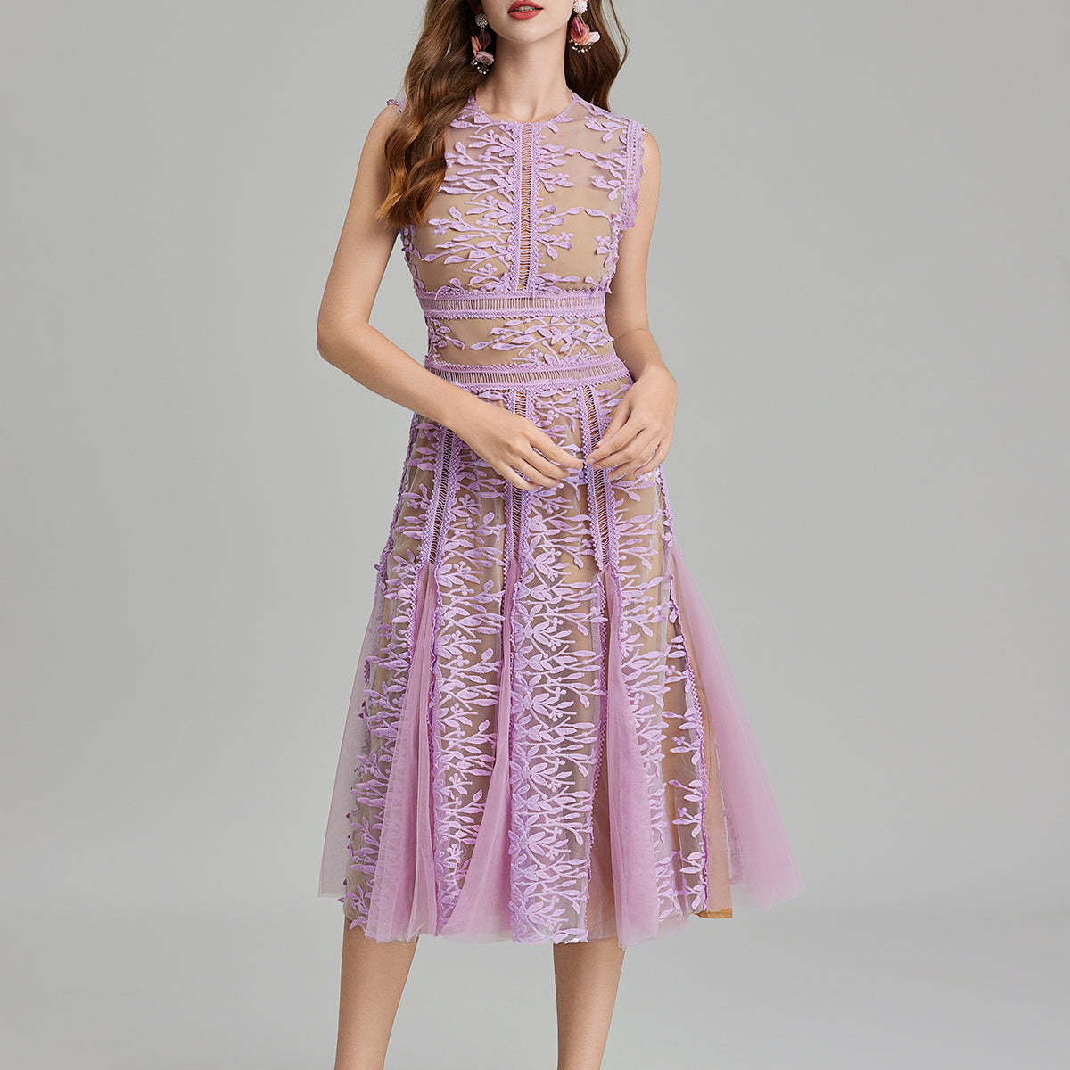 Elegant lilac lace midi dress with embroidered three dimensional mesh and lace details