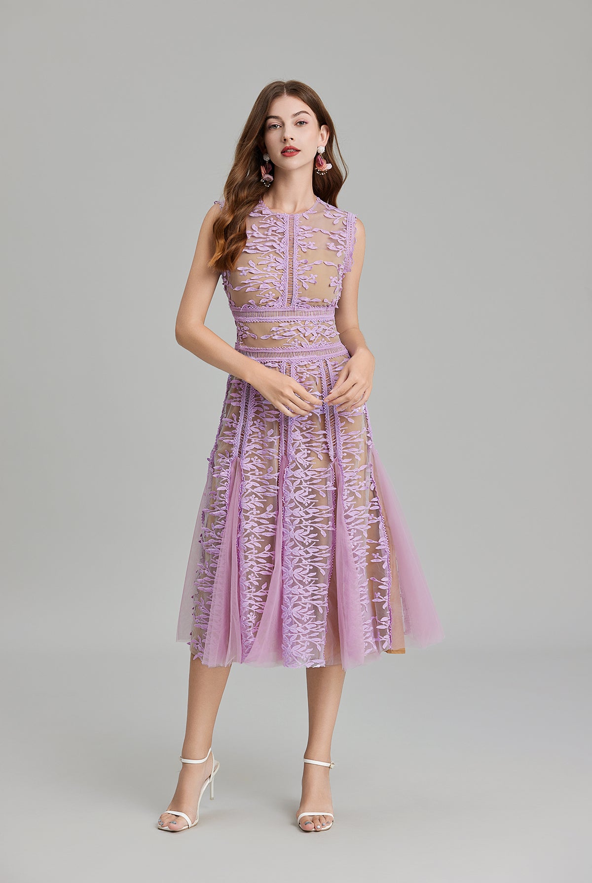 Elegant lilac lace midi dress with embroidered three dimensional mesh and lace details
