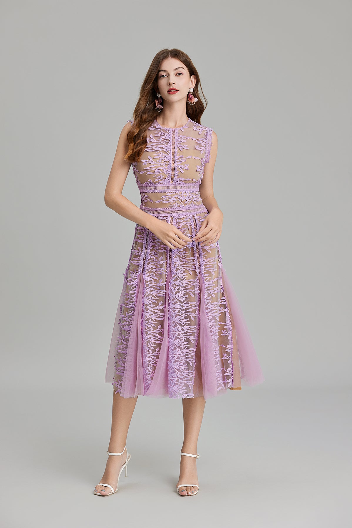 Elegant lilac lace midi dress with embroidered three dimensional mesh and lace details