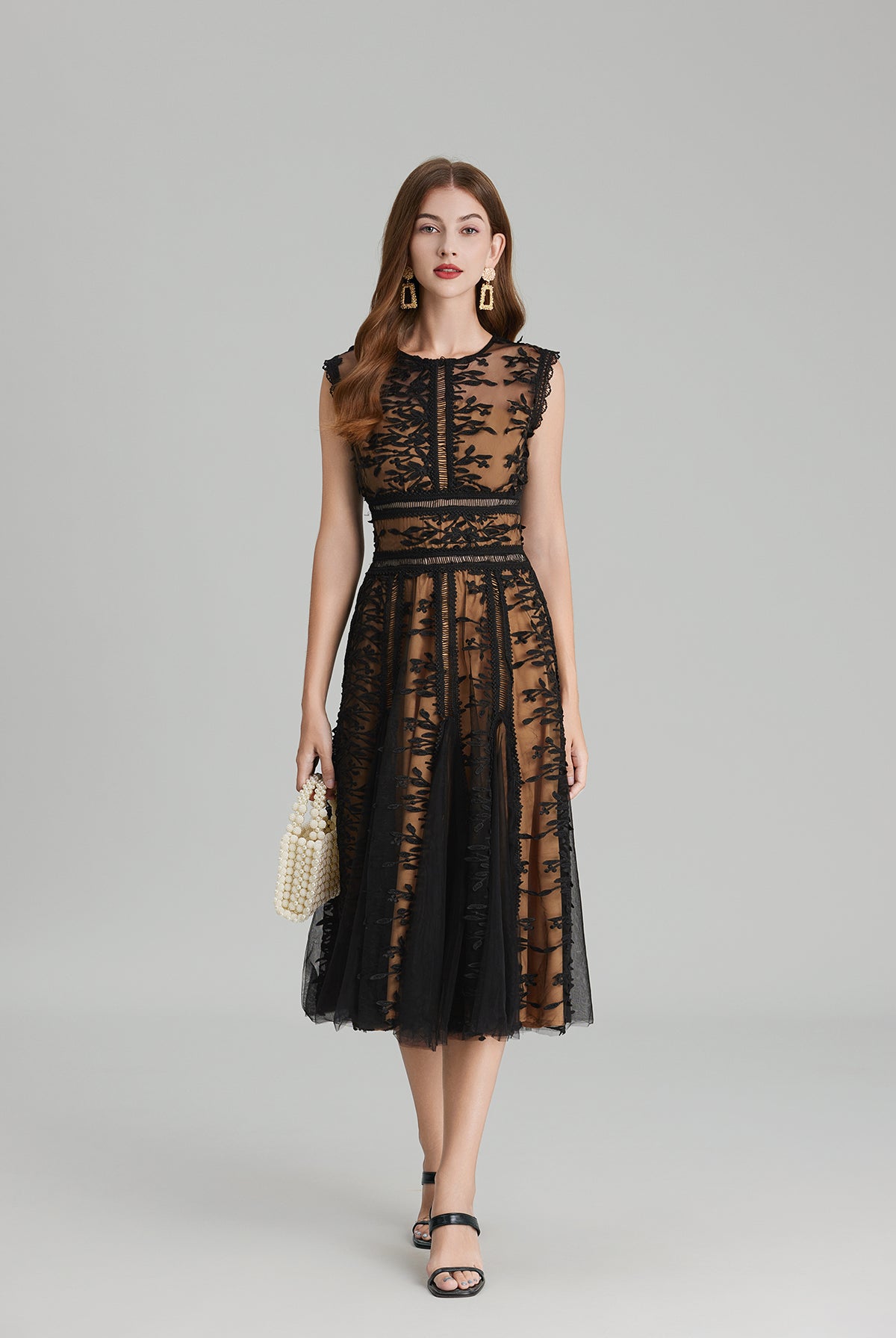 Elegant black embroidered three dimensional mesh lace midi dress with mesh waist detail