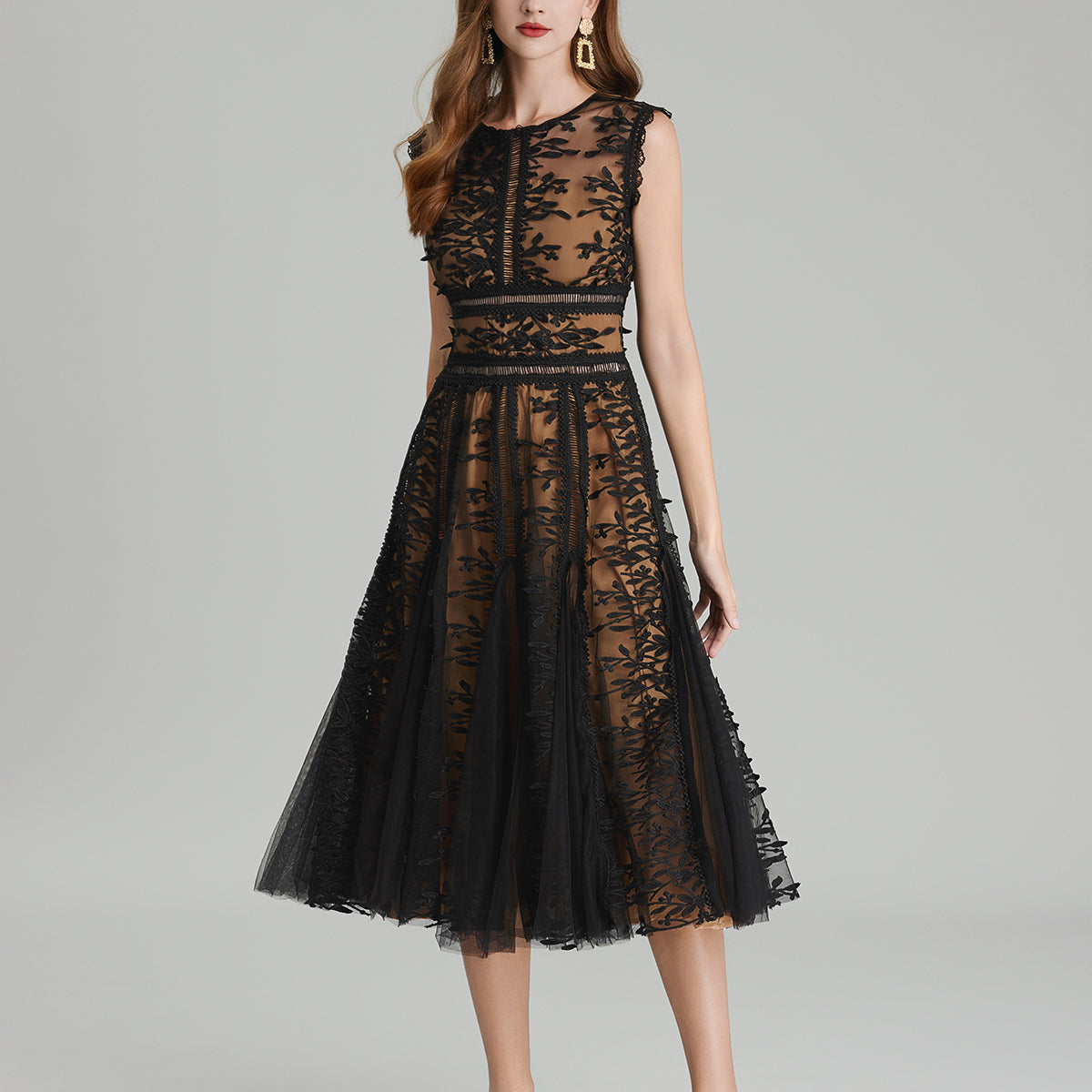 Elegant black lace midi dress featuring embroidered three dimensional mesh design