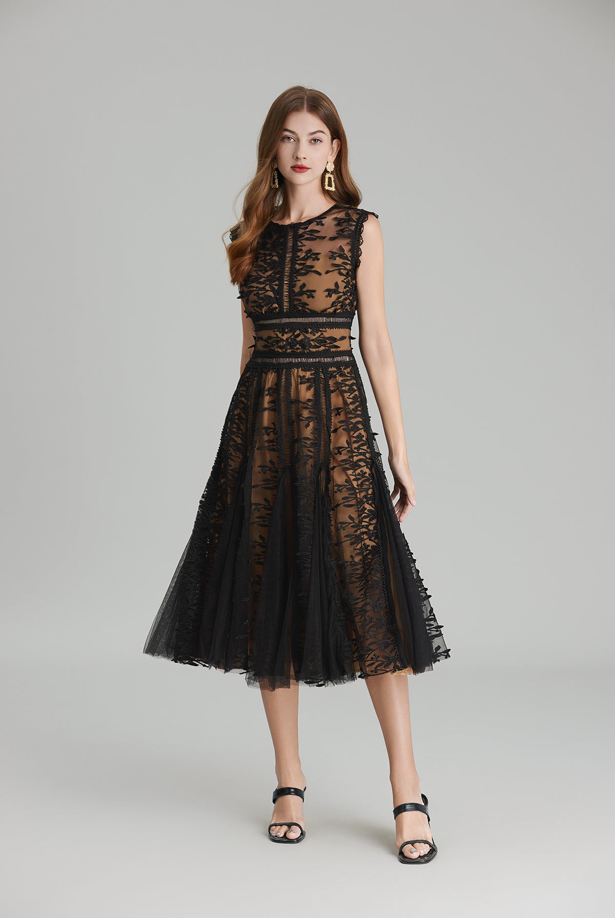 Elegant black lace midi dress featuring embroidered three dimensional mesh design