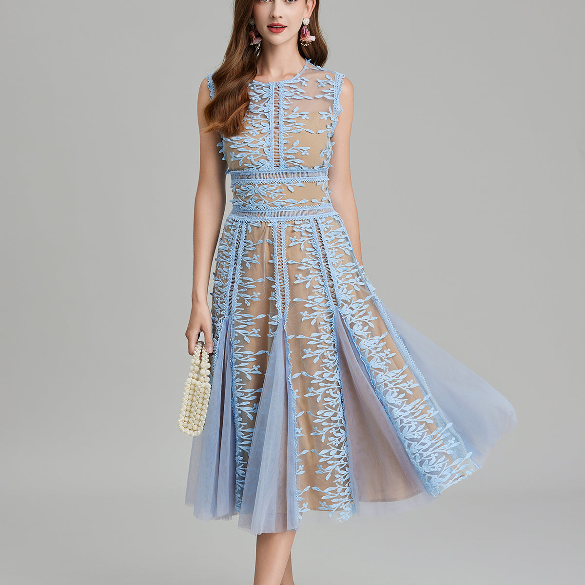 Blue embroidered three dimensional midi dress with mesh lace and three dimensional mesh details
