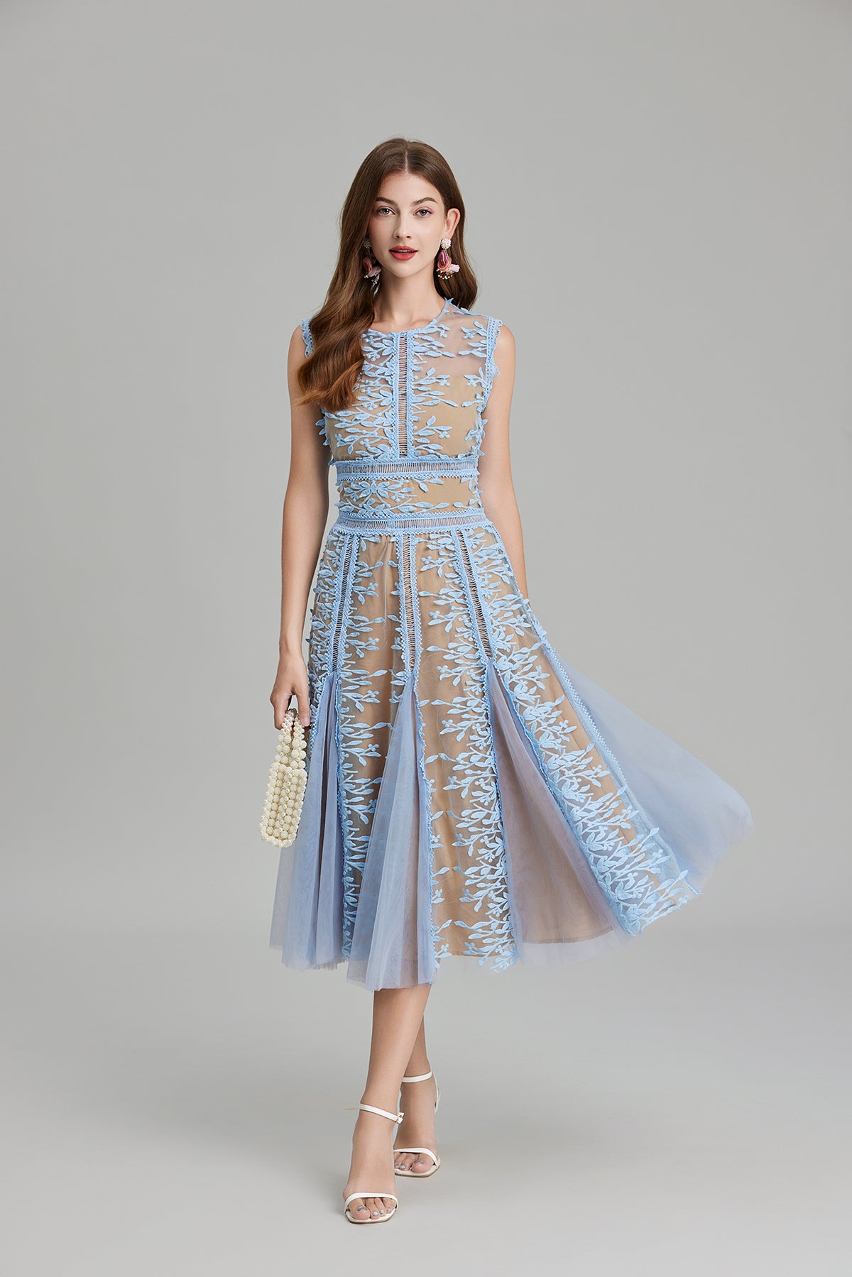 Blue embroidered three dimensional midi dress with mesh lace and three dimensional mesh details