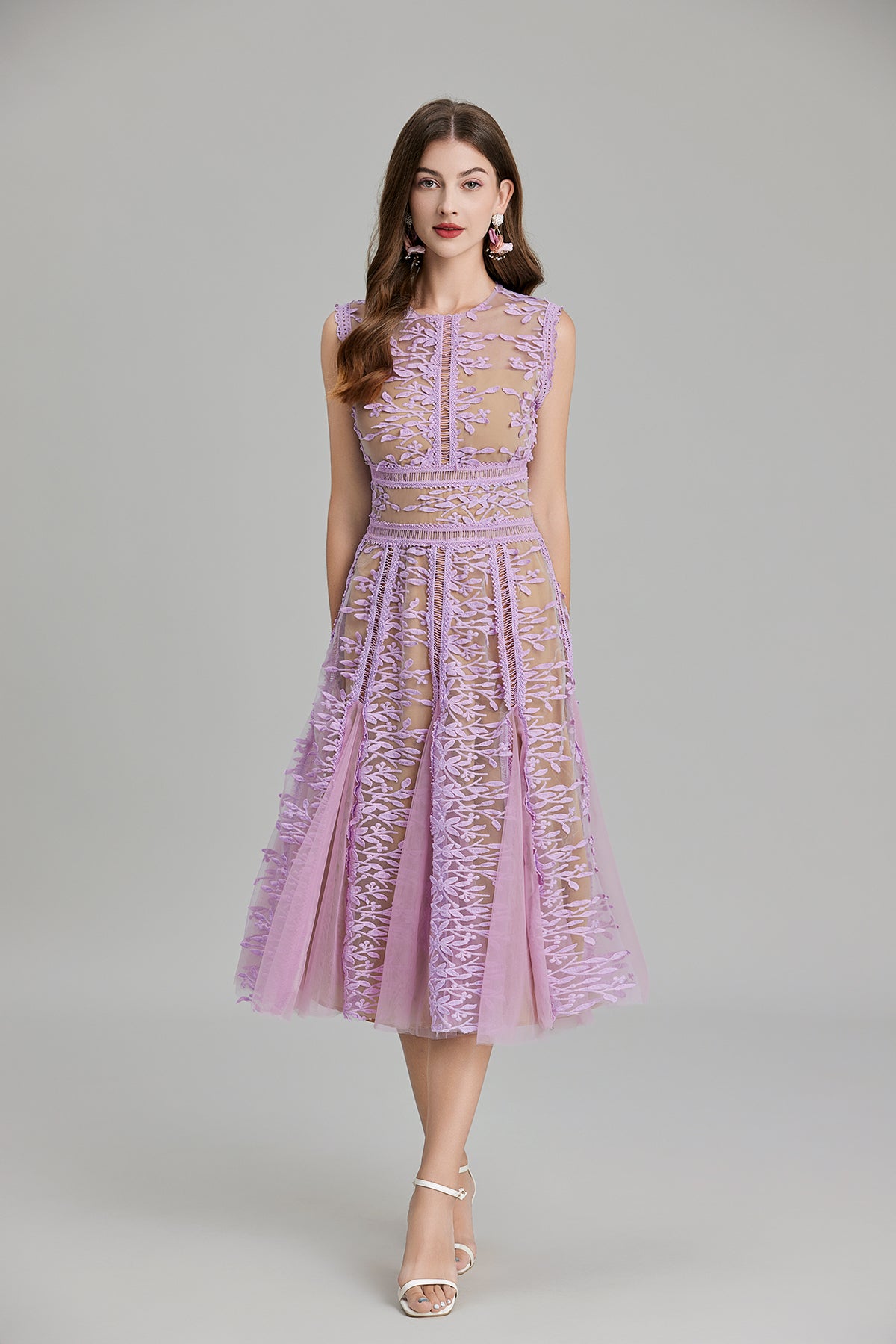 Lavender lace midi dress with embroidered three dimensional mesh and mesh waist hollow design