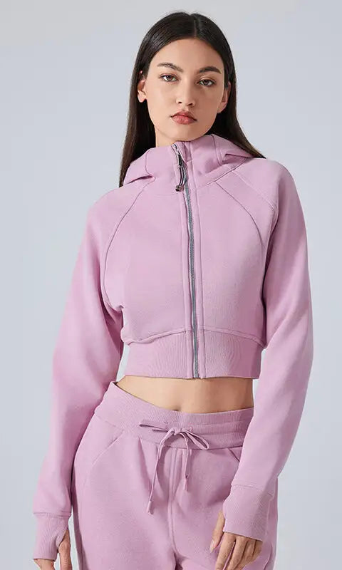 Lavender hooded cardigan sweater set with cropped hoodie and sweatpants