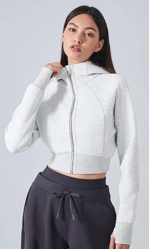 Gray hooded cardigan sweater, cropped zip-up fit for women
