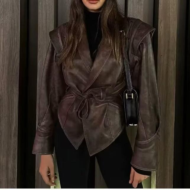 Brown leather belted jacket from Women Clothing Autumn Winter Street Design Retro Leather Coat featuring faux leather fashion