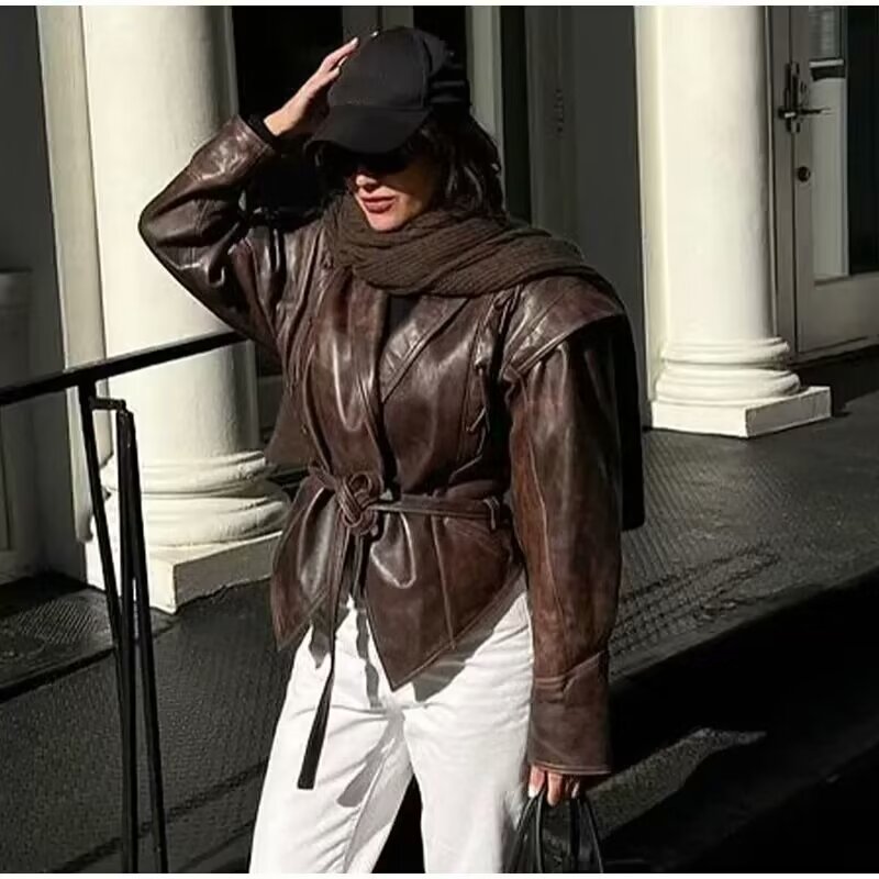 Women fashion brown faux leather belted jacket from Autumn Winter Street Design collection