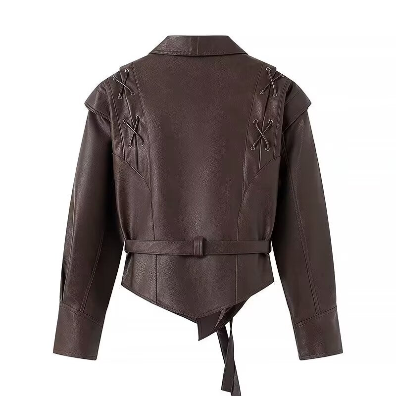 Brown faux leather jacket with lace-up shoulder detail from Women Clothing Autumn Winter Street Design Retro Leather Coat, stylish langry fashion