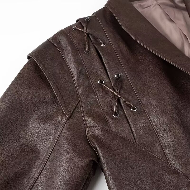 Brown faux leather jacket with laced shoulder detail from Women Clothing Autumn Winter Street Fashion
