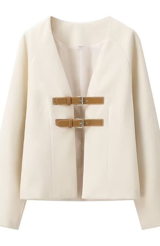 Elegant langry cream cropped blazer with gold buckles, fashion coat