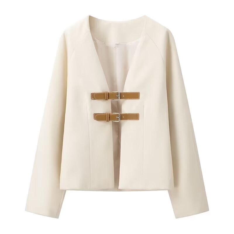 Elegant langry cream cropped blazer with gold buckles, fashion coat