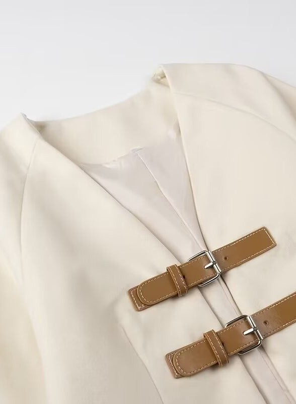 Elegant langry fashion cream leather cardigan coat with metal buckles