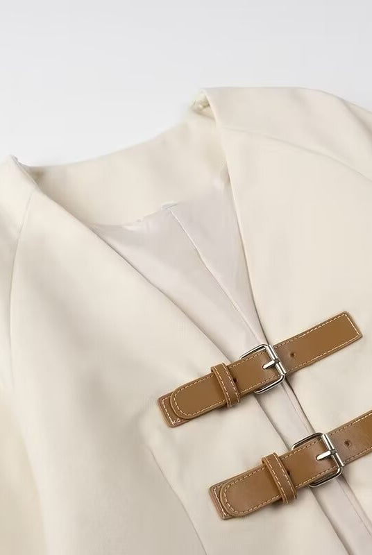 Elegant langry fashion cream leather cardigan coat with metal buckles