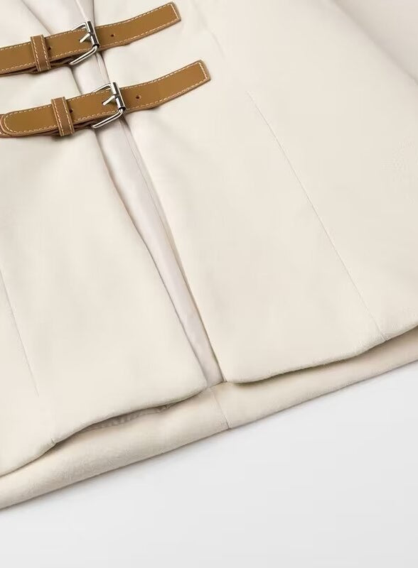 Langry elegant metal buckle cardigan soft cream quilted fashion coat with brown leather straps