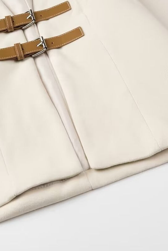 Langry elegant metal buckle cardigan soft cream quilted fashion coat with brown leather straps