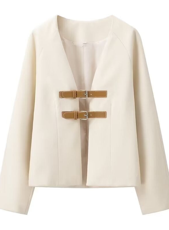 Elegant Langry cream cropped blazer with gold buckle details, long sleeves fashion coat